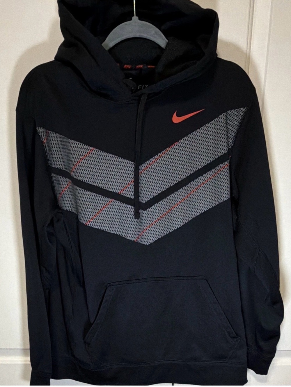 Nike Men’s Black Hooded Pullover with Grey Chevron and Red Swoosh